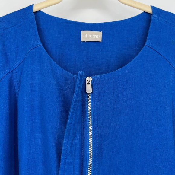Chico's Size Large 100% Linen Zip Up Jacket Blue Blazer 3/4 Sleeve Pockets - Picture 3 of 8